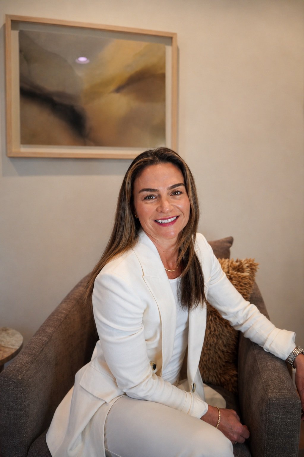 Brittany Minna, Licensed Marriage and Family Therapist, seated in her Newport Beach office.