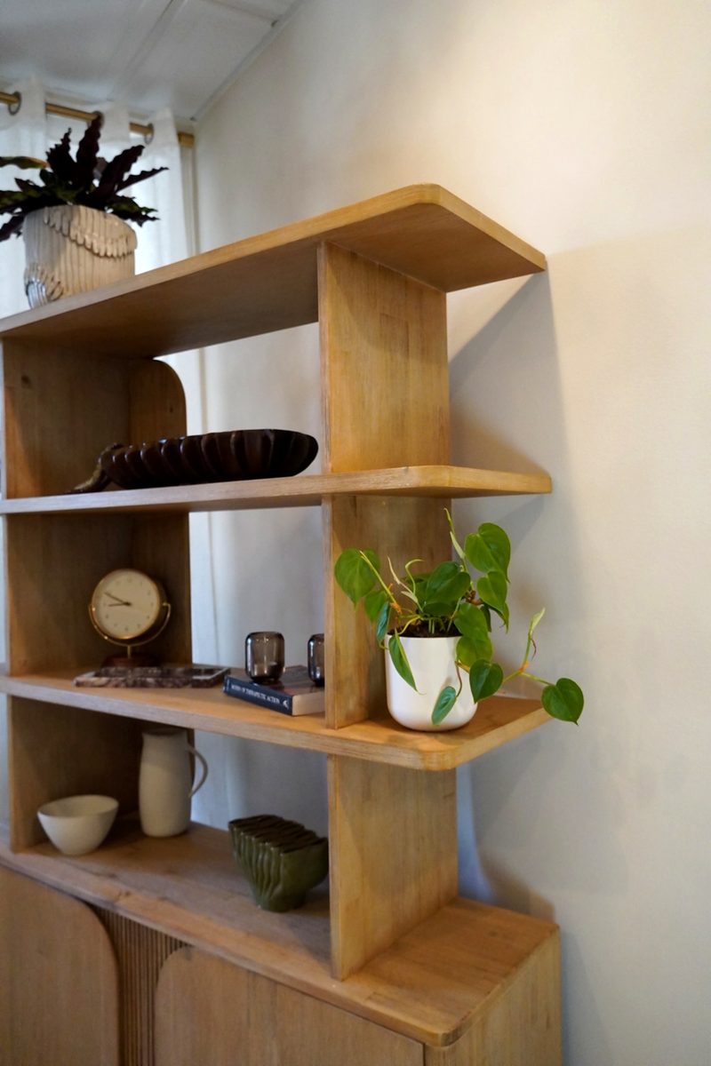 Open wood shelving holding ceramics, books, and trailing plants.